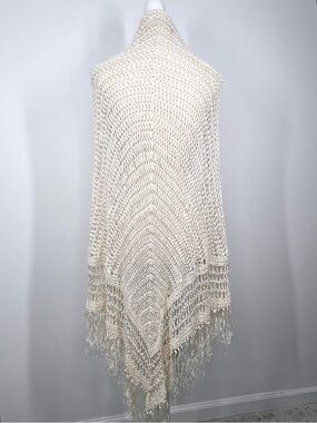 VTG Sally Gee Rayon Crochet Shawl Scarf With Fringe Cream Festival Boho Witchy